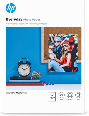 HP Everyday Photo Paper, Glossy, 200 g/m2, A4 (210 x 297 mm), 25 sheets papier photos Noir, Bleu, Blanc Semi brillant