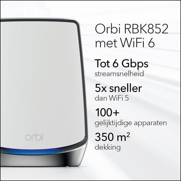 NETGEAR Orbi RBK852 AX6000 WiFi 6 Mesh System Tri-bande (2,4 GHz / 5 GHz / 5 GHz) Wi-Fi 6 (802.11ax) Gris, Blanc 8 Interne Netgear